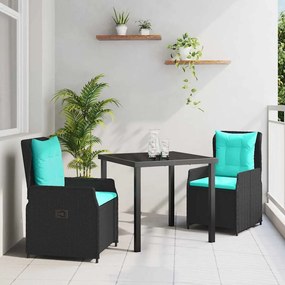 vidaXL Conjunto de Jantar para Jardim 3 pcs Preto Rattan Sintético
