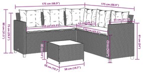 Sofá de jardim forma de L c/ mesa e almofadões vime PE cinzento