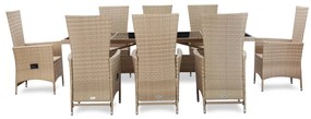 9 pcs conjunto jantar exterior com almofadões vime PE bege