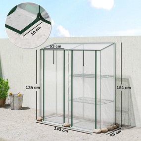 Estufa de jardim com prateleiras de 3 níveis 143 L x 45 P x 151 A cm, pequena estufa em lona de PVC e estrutura de aço, 2 portas de rodas, transparent