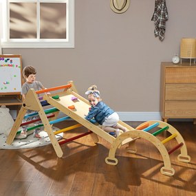 Triângulo de Escalada de Madeira 5 em 1 Escada para Crianças de 18-48 Meses com Rampa e Arco de Escalada 178x64,5x63 cm Multicor