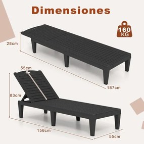 Conjunto de 2 espreguiçadeiras de Jardim 156 x 55 x 83 cm em PP com encosto ajustável em 4 posições Fácil montagem Preto