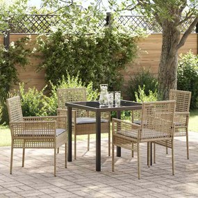 vidaXL Conjunto de Jantar de 5 Peças com Almofadas Bege Rattan Poliéster