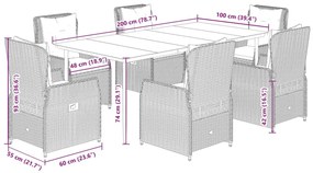 7 pcs conjunto de jantar p/ jardim com almofadões vime PE bege