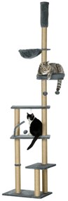 Arranhador para Gatos do Solo ao Teto de 230-250 cm  com Altura Ajustável Múltiplas Plataformas Rede Bolas Suspensas Cinza