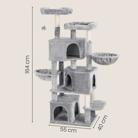 Arranhador de escalada para gatos, 55 x 40 x 164 cm e 3 cavidades cinzento