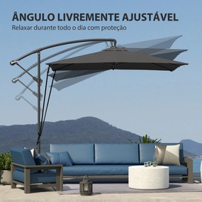 Chapéu de Sol Excêntrico 247x247 cm com Base Cruzada Capa Ajustável Manivela Capa Protectora e Corda de Vento Cinza Escuro