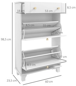 HOMCOM Sapateira Branca Móvel Sapateira Estreita com 2 Portas e 1 Gaveta para 8 Pares de Sapatos para Entrada Corredor 60x23,5x98,5 cm Branco