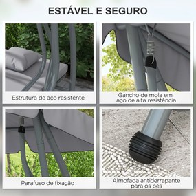 Baloiço de Jardim 3 Lugares Convertível em Cama com Toldo Ajustável e 2 Almofadas  200x120x164 cm Cinza