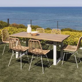 Conjunto De Mesa Retangular 180x90 Cm Em Madeira De Acácia E Aço Maupi E 6 Cadeiras De Jardim Em Rattan Sintético Gouda Natural Gardénia Branco & Sem