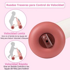 Andador Montessori bebés com Reprodutor Oval Removível Classificador de Formas Maracas Pássaro Deslizante e 2 Giradores Rosa