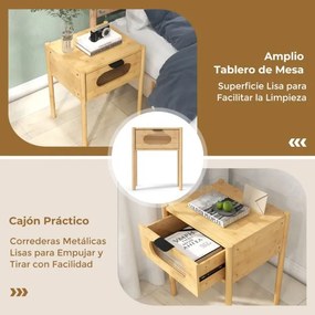 Mesa de cabeceira de bambu 40 x 40 x 50,5 cm estilo rústico com gaveta decorada em vidro temperado para quarto, sala ou espaços pequenos Natural