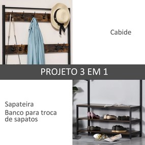 Cabide com 12 ganchos Banco estilo industrial com 3 prateleiras Estrutura metálica 100x40x184 cm Castanho Rústico e Preto