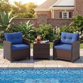 Conjunto jardim de 3 peças: cadeiras de rattan e mesa com tampo de vidro temperado. Mobiliário de exterior em vime para pátio, Castanho com almofadas