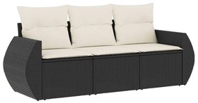 3 pcs conjunto sofás de jardim com almofadões vime PE preto