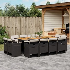 vidaXL 13 pcs conjunto de jantar p/jardim com almofadões vime PE preto