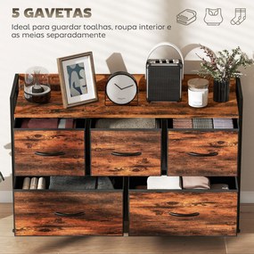 Cómoda com 5 Gavetas de Tecido Cómoda de Estilo Industrial com Estrutura Metálica para Quarto 98x29x63 cm Castanho Rústico