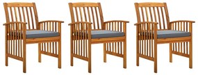 vidaXL Cadeiras de jantar p/ jardim 3 pcs c/ almofadões acácia maciça