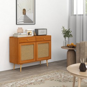 Aparador de Madeira com 2 Gavetas Prateleiras Ajustáveis e 2 Portas de Vime Armário de Armazenamento Estilo Cannage 100x35x78,5 cm Castanho