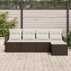 Conjunto de Sofá de 5 Peças com Almofadas Rattan Poliéster Castanho, S