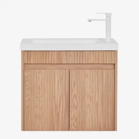 Conjunto De Móvel De Casa De Banho Suspenso Em Madeira Com Lavatório Integrado Narek Sem Espelho & Castanho Fresno & ↔︎ 60 Cm & Branco ↑ - Sklum