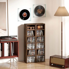 Conjunto de 2 estantes verticais para arrumação de CDs, com 12 compartimentos, 21 x 22,5 x 88,5 cm, capacidade para 204 CDs, castanho rústico