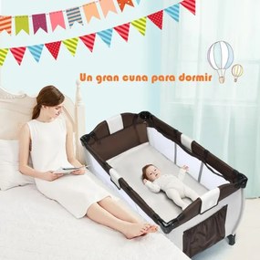 Berço bebés 3 em 1 com muda de roupa Centro de actividades dobrável e portátil Colchão Brinquedos para bebé  125 x 66 x 84 cm Castanho