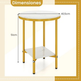 Mesa de apoio redonda de 2 niveis 40,5 cm com prateleira de arrumação Estrutura metálica dourada e branca