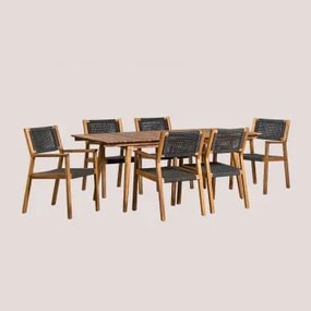 Conjunto De Mesa Retangular 160-210x90 Cm Extensível E 6 Cadeiras De Jantar Com Braços Em Madeira De Acácia Tenay Cinza Grafito - Sklum
