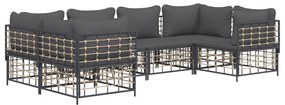 6 pcs conjunto lounge de jardim c/ almofadões vime PE antracite
