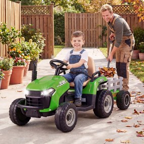 Trator elétrico de 24 V, trator infantil com reboque rebatível e removível, controlo remoto, música e faróis LED, a partir dos 3 anos, Verde