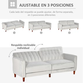 HOMCOM Sofá de 2 Lugares Convertível em Cama Estofado Aveludado com Encosto Ajustável e Pés de Madeira para Sala de Estar Escritório 189x81x83,5cm Cinza Claro