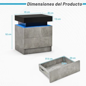 Mesa de cabeceira com luzes LED e 2 gavetas de arrumação com textura de mármore para sala de estar Quarto 45 x 35 x 52 cm preto/cinzento