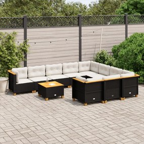 11 pcs conjunto sofás de jardim c/ almofadões vime PE preto