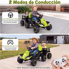 Trator Elétrico Infantil para crianças 3 a 6 anos, 152 x 68 x 60 cm, Reboque Removível 2 em 1, Verde