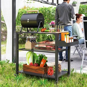 Carrinho de Apoio para churrasqueiras de 3 Níveis com 4 Rodas Prateleiras Mesa de Apoio para Forno de Pizza 105x50x79 cm Preto