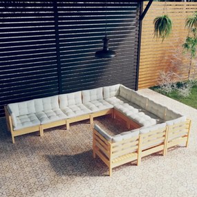 vidaXL 10 pcs conjunto lounge de jardim c/ almofadões cor creme pinho