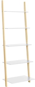 Prateleira tipo escada VASAGLE, estante de 5 níveis, prateleira de parede para sala de estar, cozinha, escritório, estrutura de madeira maciça, montagem simples, encostada na parede, branco fosco e cor natural LLS201N01