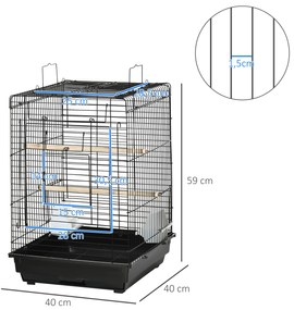 Gaiola para Pássaros com Teto Abatível 2 Poleiros 2 Comedouros e Bandeja Amovível para Canários Periquitos 40x40x59 cm Preto