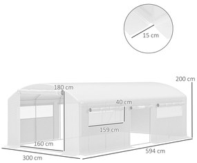 Estufa tipo Túnel 6x3x2 m Estufa de Exterior com 4 Janelas de Malha Cobertura de PE Anti UV e 3 Portas Enroláveis Branco