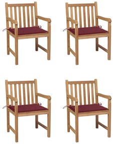 Cadeiras jardim c/ almofadões vermelho tinto 4 pcs teca maciça