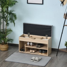 Banco para sapatos com 2 níveis de arrumação 80 (L) x 30 (P) x 48 (A) cm, compartimentos abertos + baú integrado com almofada bege-cinzenta