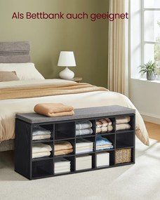 Banco sapateira para sapatos 30 x 105 x 48 cm com almofada e 15 compartimentos em preto-cinza ardósia
