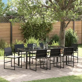 vidaXL Conjunto de jantar de jardim com 9 peças e almofadas de rattan preto.
