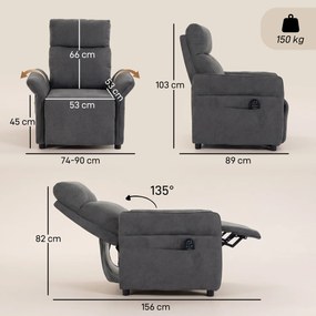 Cadeirão de Massagem com Calor, Reclinação Push-Back 135°, Apoio para os Pés, Apoios de Braços Ajustáveis e 2 Bolsos, Cinzento-Escuro