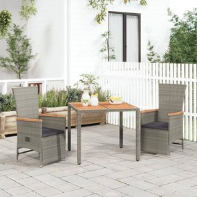 vidaXL 3 pcs conjunto de jantar p/ jardim c/ almofadões vime PE cinza