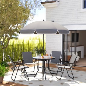 Conjunto de Mesa e Cadeiras de Jardim de 6 Peças com 4 Cadeiras Dobráveis Mesa de Vidro e Chapéu de Sol Cinzento