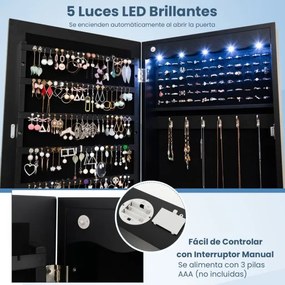 Armário para joias com espelho, iluminação LED, fechadura, montagem na porta e na parede, 36,5 x 11,5 x 120 cm preto