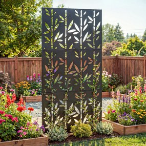 Biombo decorativo de proteção visual para exterior 92 x 40 x 192 cm, claustra decorativa para jardim, 3 painéis com padrão de bambu em metal, preto