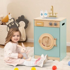Máquina de Lavar para Crianças 40 × 30 × 75 cm com Detergente e Desinfetante para as Mãos com Pia, Gaveta e Rodas Giratórias Azul